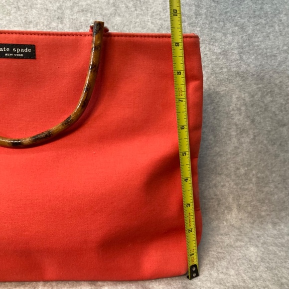 Kate Spade Canvas Purse Two Wood Handles Melon Colored Fabric - Picture 4 of 9